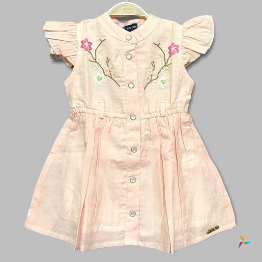 Girls Peach cotton frock with frill shoulder