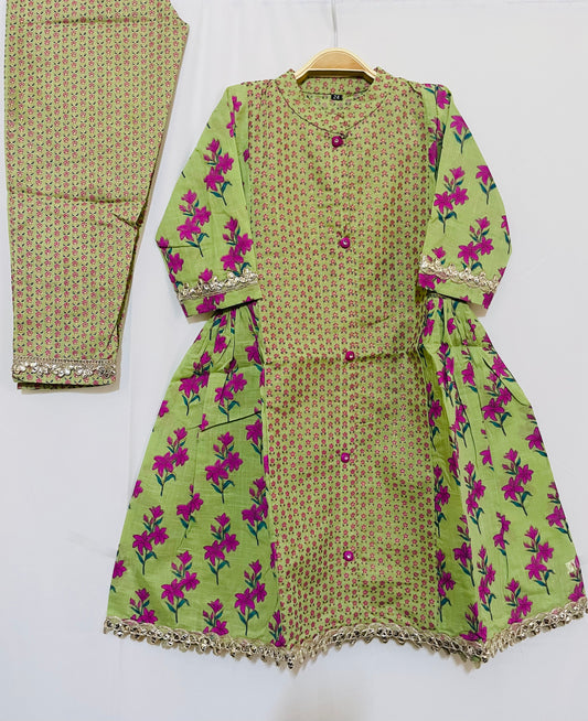 Girls Floral  Kurti pant set green and pink