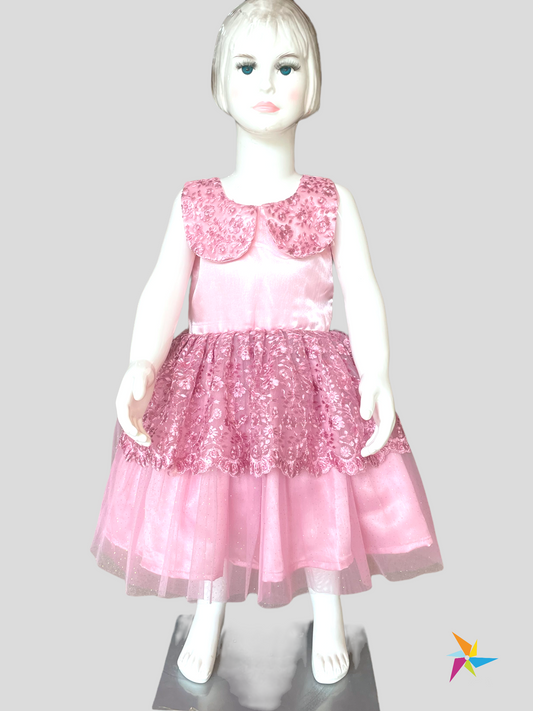 Onion pink party dress with collar sleeve