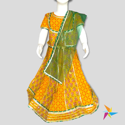 Girls Yellow-green Block Printed Lehenga Choli with duppta