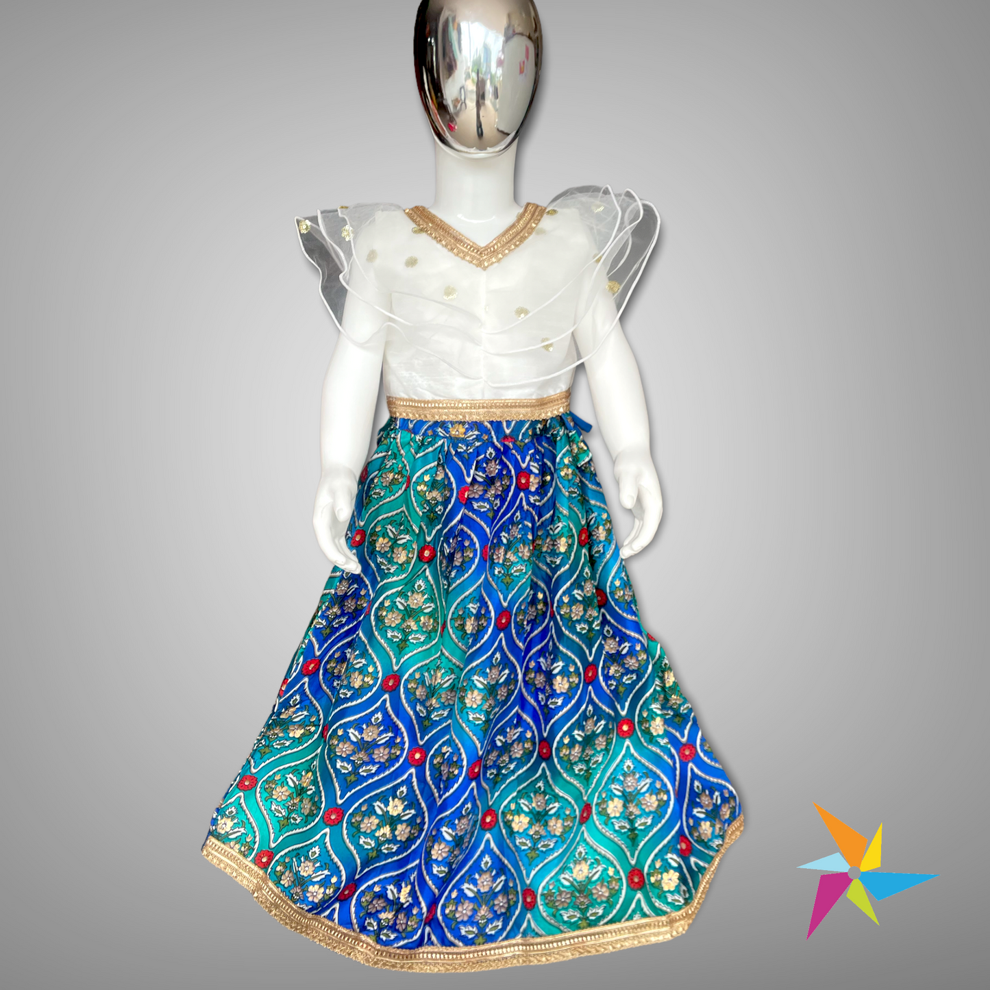 Girls butterfly sleeve Sequins top with blue flora lehenga