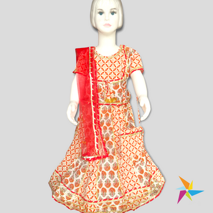 Girls Orange-red Block Printed Lehenga Choli with duppta