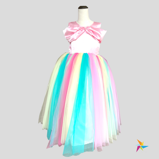 Girls pink rainbow Color net long frock