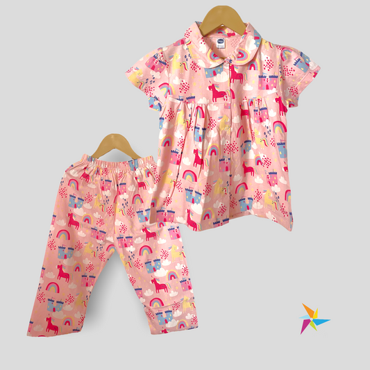 Girls pink clouds and rain print night suit set