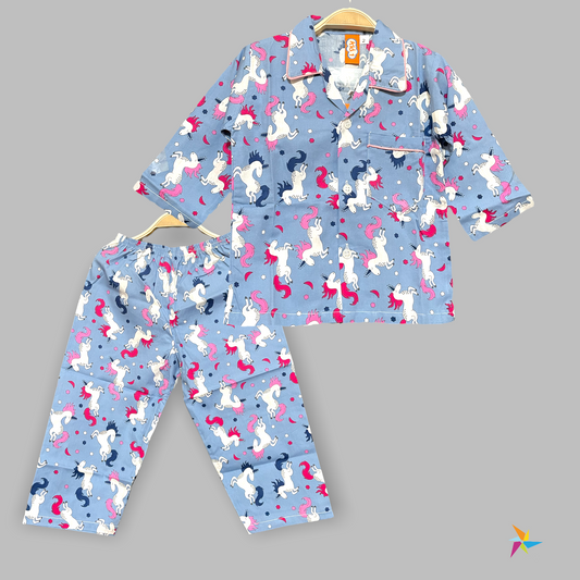 Kids night suit set Unicorn print Grey