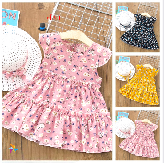 Girls summer cotton frock with Hat Pink Color single piece