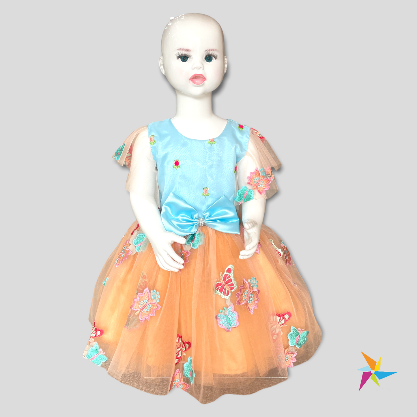 Sky blue and peach party frock with flower embroidery